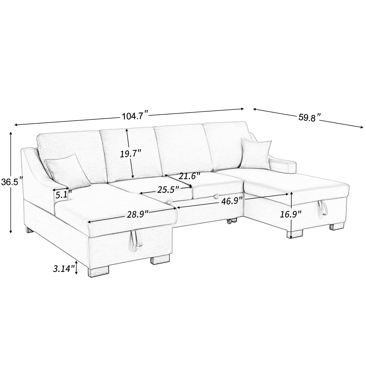 Upholstery Sleeper Sectional Sofa with Double Storage Spaces; 2 Tossing Cushions