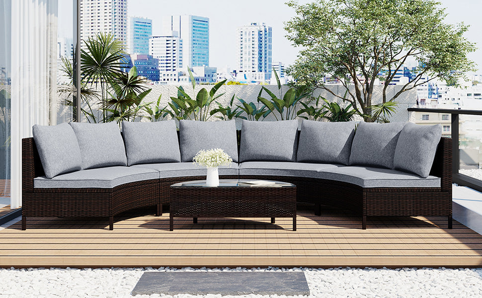 5 Pieces All-Weather Brown PE Rattan Wicker Sofa Set Outdoor Patio Sectional Furniture Set Half-Moon Sofa Set with Tempered Glass Table